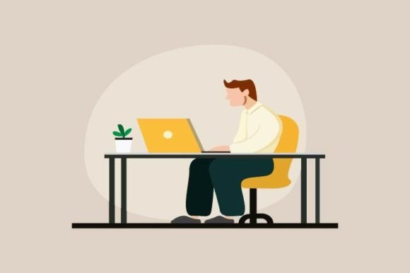 Business Man Working on Laptop Flat Graphics