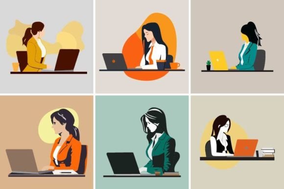 Business Woman on Laptop Empowering Set: Graphics & Web Elements