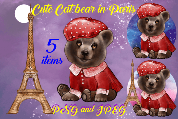 Cute Cartoon Bear in Paris Watercolor Graphics & Illustrations