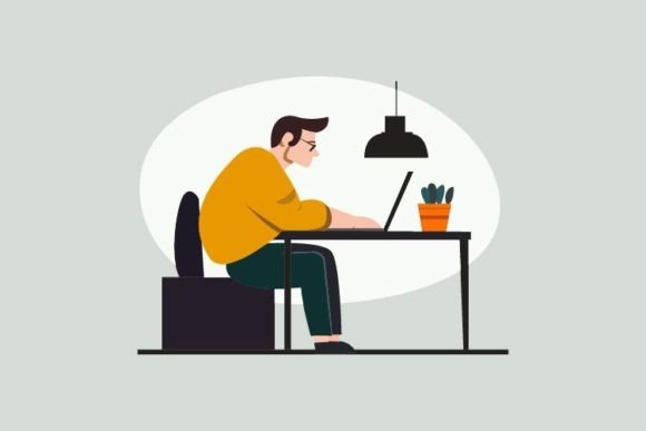 Man Working at Office on Laptop Business Graphics